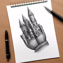some pen drawing a castle on a table