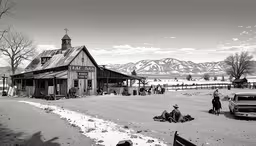 old western western towns a few people on the snow,black and white photograph of several people outside of a small wooden lodge