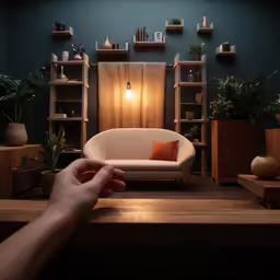 a person reaching down towards a couch