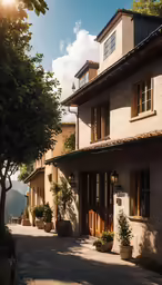 two potted trees and plants line the walkway leading to a house