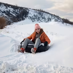 a girl sits in the snow in a pile of snow