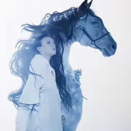 the young woman is next to a large horse