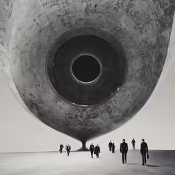 men are walking in a circle that appears to be a cone