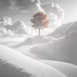 two trees with leaves in snow in a black and white landscape