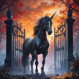an unicorn is standing near a wrought iron gate