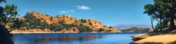 painting of trees, water and mountains seen from the shoreline