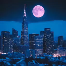 a full moon behind skyscrapers with rain on them