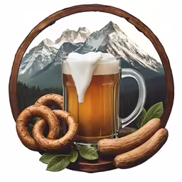 beer and pretzels are pictured with the mountains in the background