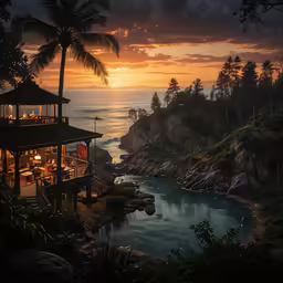 a large tropical house sitting on top of a cliff
