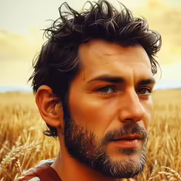 a bearded man with a beard standing in a wheat field