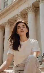 a woman is sitting on some steps wearing beige