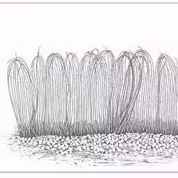 an ink drawing of plants next to the water