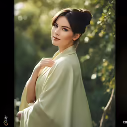 a woman wearing a traditional chinese outfit and a tree in the background