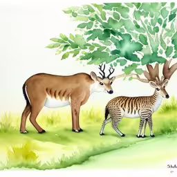 a painting shows two animals standing together in the grass