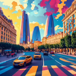 an image of two yellow cars driving down the street