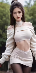 the woman wearing white is posing for the camera