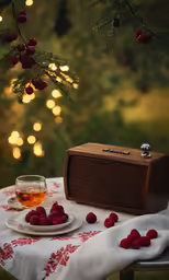 a cup of tea next to an old fashioned radio