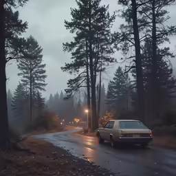 a car sitting on the side of a road in the forest