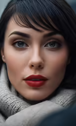 the woman with blue eyes is wearing a scarf and red lipstick