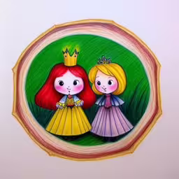 there is a drawing of two girls with crowns on their heads,two little girls with princess crowns in a circle