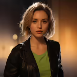 a woman in a black leather jacket with blonde hair