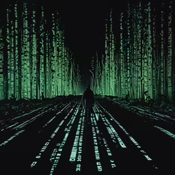 a man walking through a forest at night
