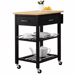 black and wood cart with two plates on it