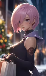 a person with purple hair holding some bags