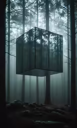 a room in the woods with fog all around