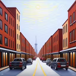 an oil painting of a street with cars on it,some cars parked in a city near tall buildings,painting of the eiffel tower and cars on a city street,an illustration of a very small street with parked cars,an oil painting shows the street with a view of the eiffel tower