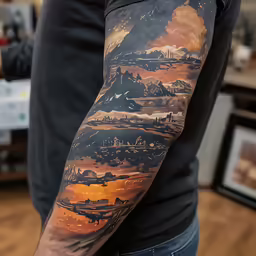 a man with tattoos has a large piece of artwork on his arm