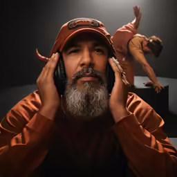 a man with a beard is listening to the music