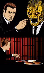 a painting of the president and the devil eating at a table