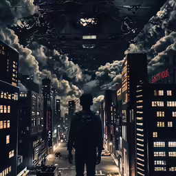 a person is walking through the sky between buildings
