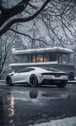 white car parked in front of a house with snow on the ground