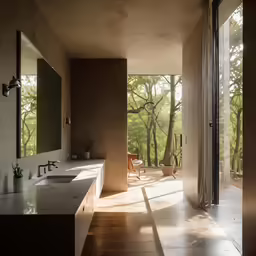 a large bathroom with long double sinks