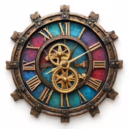 a large multi - colored clock with gears is mounted on the wall