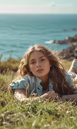 a pretty young lady laying on top of grass next to water