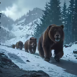 brown bears run through snowy trees and woods