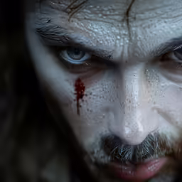 a person with his eyes wide open wearing white makeup and face paint