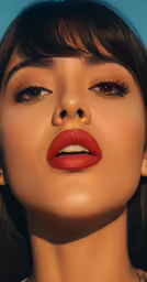 an asian woman wearing red lipstick with brown hair and white top