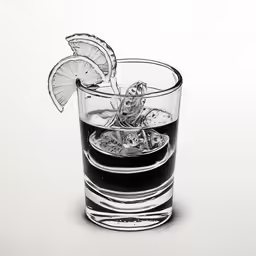 an old fashioned drink with two lemon wedges and a soda glass