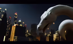 a large white dragon is in front of some skyscrapers