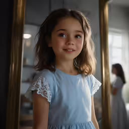 the girl in the blue dress is looking into the mirror