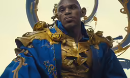 an african american man dressed in blue and gold with his hands together