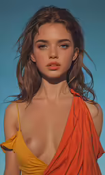 a woman with brown hair in an orange dress