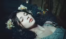 a woman with long dark hair wearing a flower in her hair
