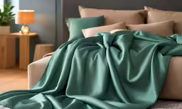 large blanket on the couch next to table and table lamp