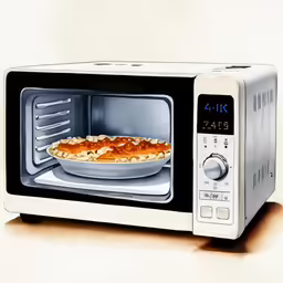 a microwave oven with a pizza on the inside