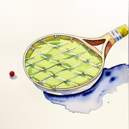 a painting of a tennis racket with a ball in front,watercolor painting of a tennis racket and its tennis ball,a drawing of a tennis racket and ball on a white surface,a drawing of a tennis racket on a watercolor background,a tennis racquet on a white background and blue stains